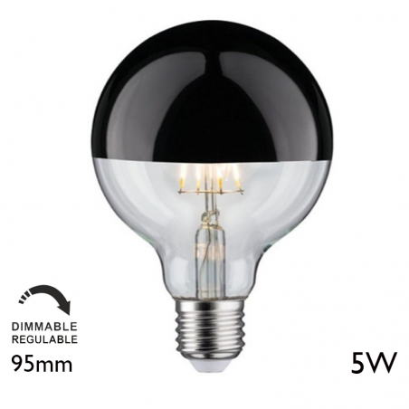 Globe bulb 95 mm. Black Dome brightness LED filaments Dimmable E27 5W 2700K 520Lm.