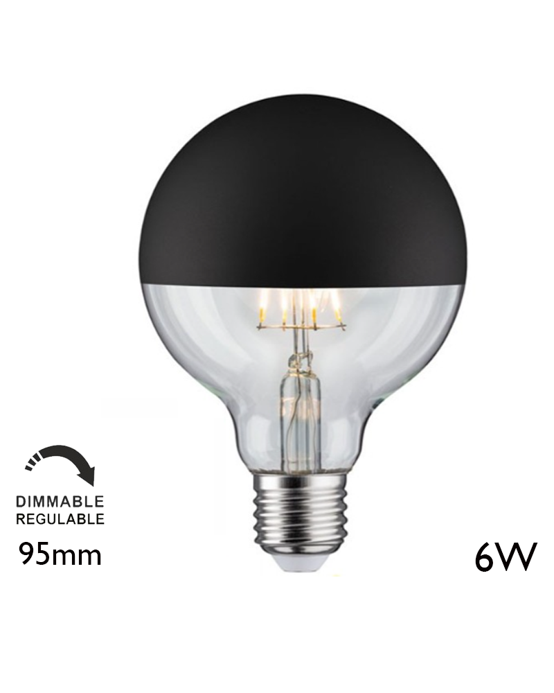 Globe Bulb 95mm. Black Dome LED filaments Dimmable E27 6W 2700K 550Lm.