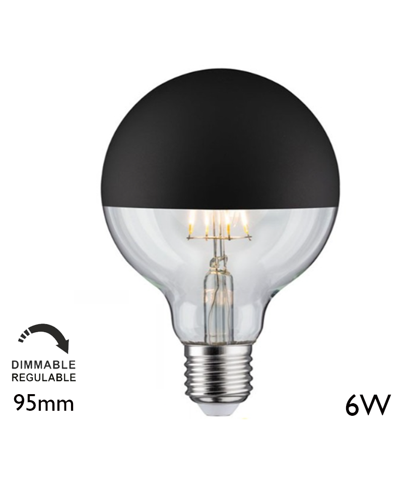 Bombilla Globo 95mm. Cúpula Negra filamentos LED Regulable E27 6W 2700K 550Lm.