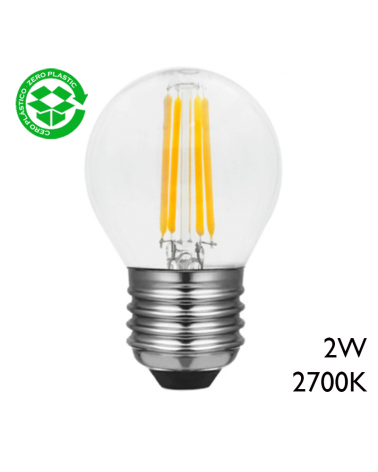 Spherical bulb 45 mm. LED filaments E27 2W 2700K 250Lm.