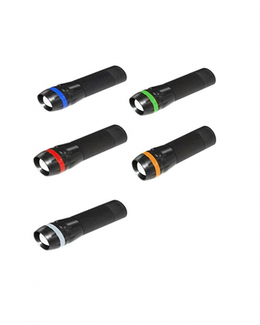 Black battery-powered 1W 4.5V LED flashlight with detail in assorted colors