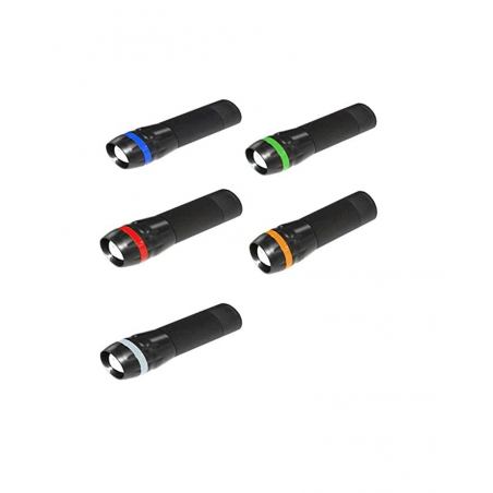 Black battery-powered 1W 4.5V LED flashlight with detail in assorted colors