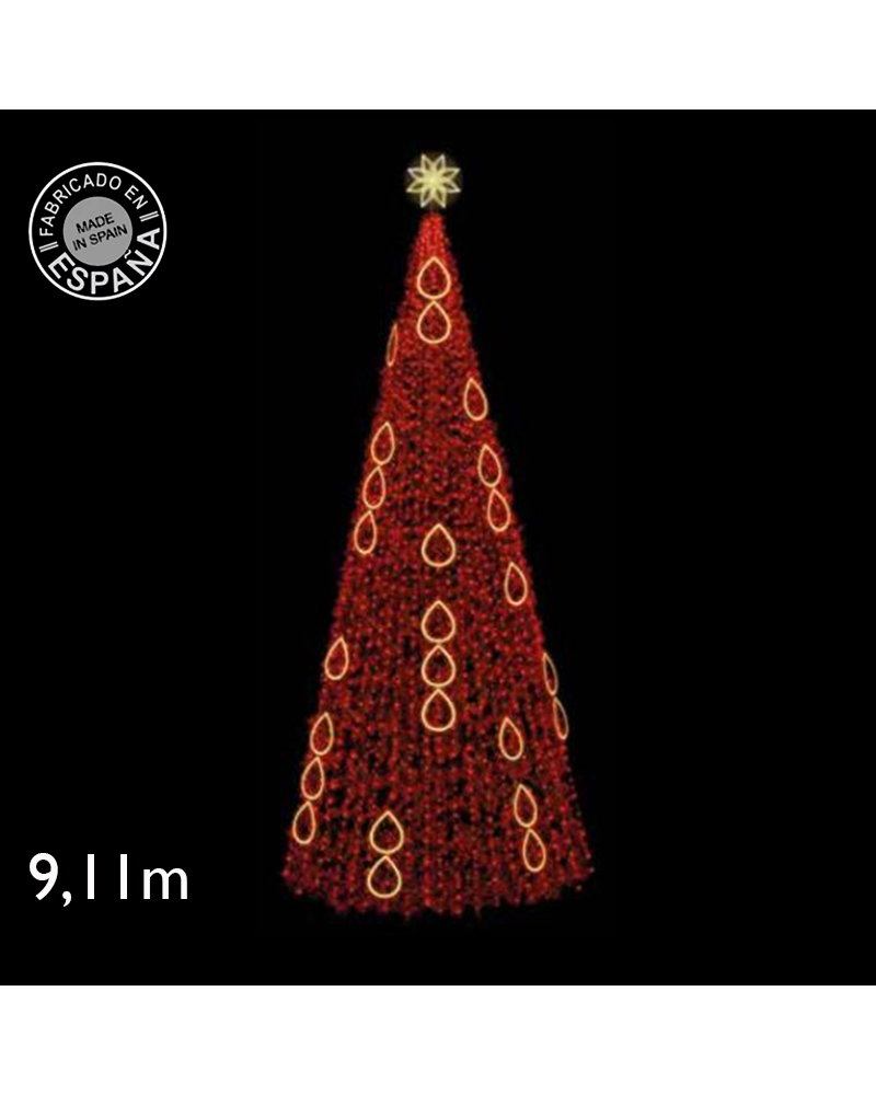 Cono LED de 9,11 metros con guirnaldas luz con intermitencia roja detalles lagrimas IP65 838W