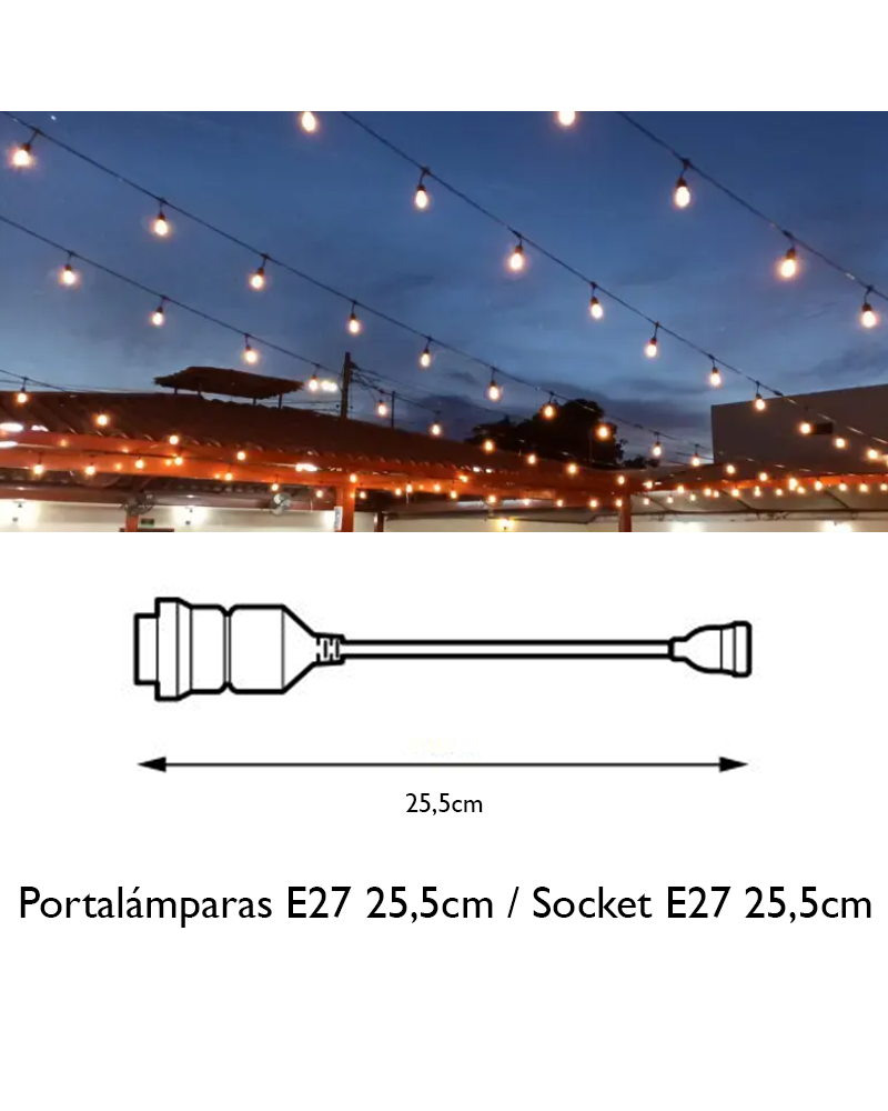 Portalámparas E27 para guirnalda conexión rápida de 25,5cm color negro máximo 15W IP44