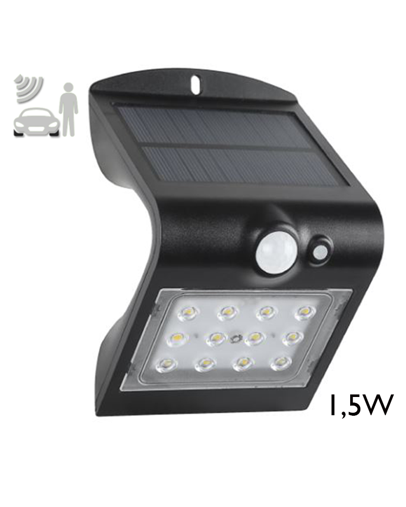 Aplique solar LED acabado negro 1,5W con sensor de movimiento IP65