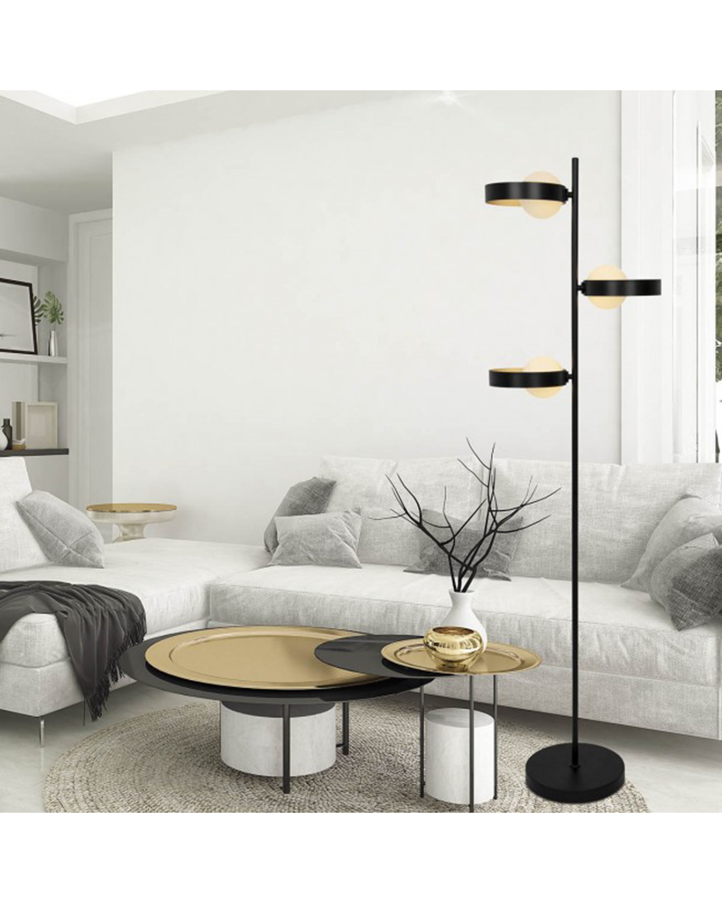 Lámpara de pie con 3 luces de metal acabado negro y dorado y cristal G9 3x33W Lámpara de pie con 3 luces de metal acabado negro y dorado y cristal G9 3x33W