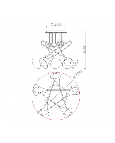 Plafón 76cm con 5 focos de hierro acabado dorado mate 5x20W E27