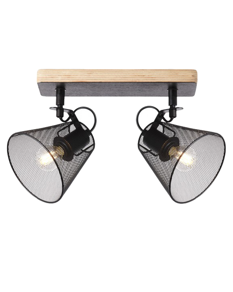 Strip with 2 spotlights of wood and metal black finish 2x40W E14