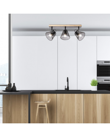 Regleta con 3 focos de madera y metal acabado negro 3x40W E14