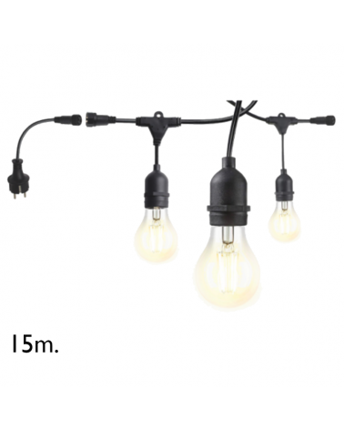 Festoon light 15m with 15 lamp E27 black cable holders suitable for outdoor use IP54