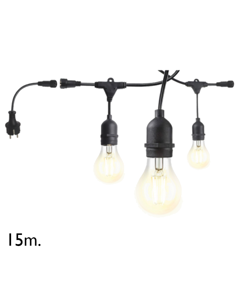 Festoon light 15m with 15 lamp E27 black cable holders suitable for outdoor use IP54