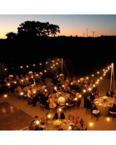 Festoon light 15m with 15 lamp E27 black cable holders suitable for outdoor use IP54