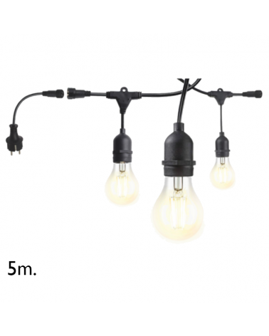 Festoon light 5m with 10 lamp E27  black wire holders suitable for outdoor use IP54