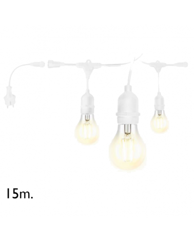 Festoon light 15m with 15 lamp E27 white cable holders suitable for outdoor use IP54