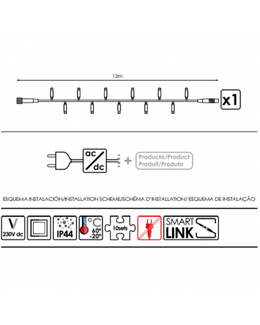 Guirnalda 12m y 180 LEDs de 1 tramo cable blanco y luz verde empalmable IP44 apta para exterior