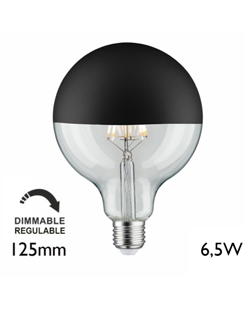 Bombilla Globo 125 mm. Cúpula Negra mate filamentos LED Regulable E27 6.5W 2700K 600Lm.