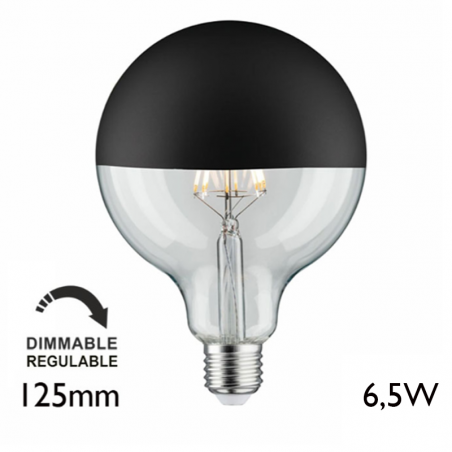 Bombilla Globo 125 mm. Cúpula Negra mate filamentos LED Regulable E27 6.5W 2700K 600Lm.