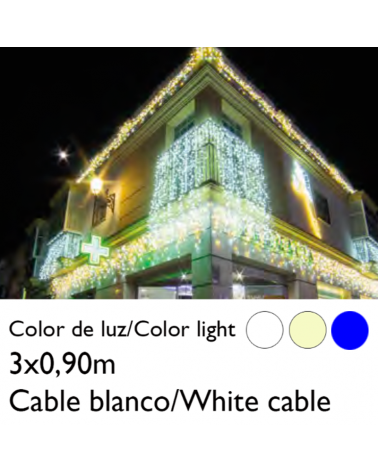 Cortina de LEDs 3x0,9m efecto hielo icicle estalactita, cable blanco empalmable con 174 leds flashing IP65 apta para exterior
