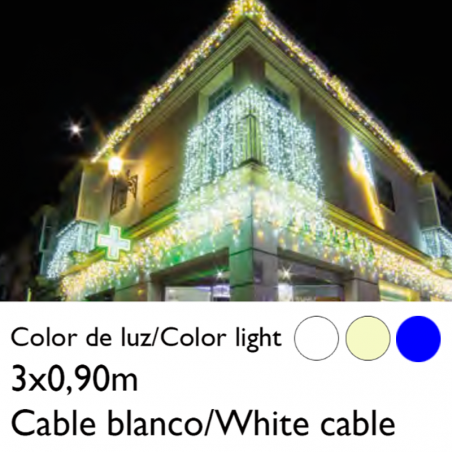 Cortina de LEDs 3x0,9m efecto hielo icicle estalactita, cable blanco empalmable con 174 leds flashing IP65 apta para exterior