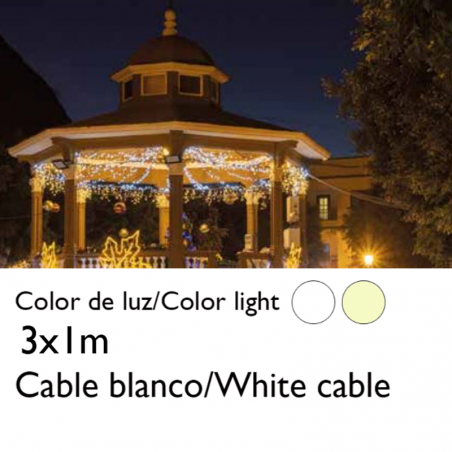 Cortina de LEDs 3x1m efecto hielo icicle estalactita, cable blanco empalmable con 102 leds IP65 apta para exterior