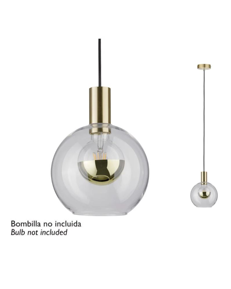 Lámpara de techo 20cm con pantalla de cristal con forma de esfera y soporte de metal acabado latón 20W E27