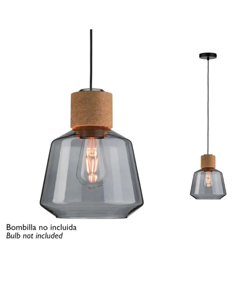 Lámpara de techo de 20,8cm de diámetro con pantalla en vidrio ahumado y metal color negro y corcho 20W E27