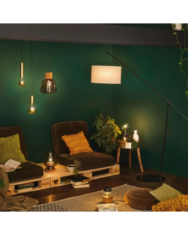 Lámpara de techo de 20,8cm de diámetro con pantalla en vidrio ahumado y metal color negro y corcho 20W E27