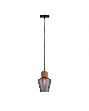 Ceiling lamp 18cm diameter with shade in smoked glass and black metal and cork 20W E27