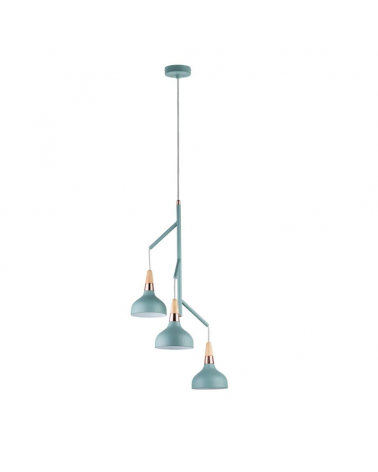 Turquoise blue Nordic ceiling lamp with 3 lampshades with wood and copper detail 3x20W E14