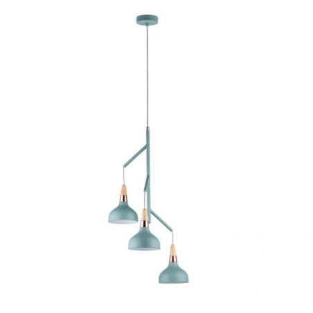 Turquoise blue Nordic ceiling lamp with 3 lampshades with wood and copper detail 3x20W E14