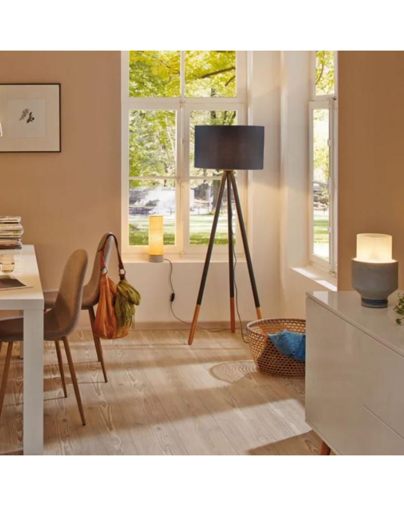 Lámpara de pie 153cm nórdica pantalla gris con 3 patas de madera 20W E27