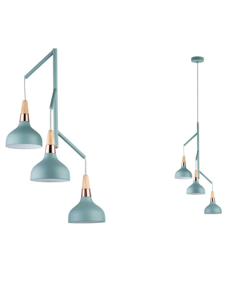 Arqueológico Vislumbrar erección Turquoise blue Nordic ceiling lamp with 3 lampshades with wood and copper  detail 3x20W E14