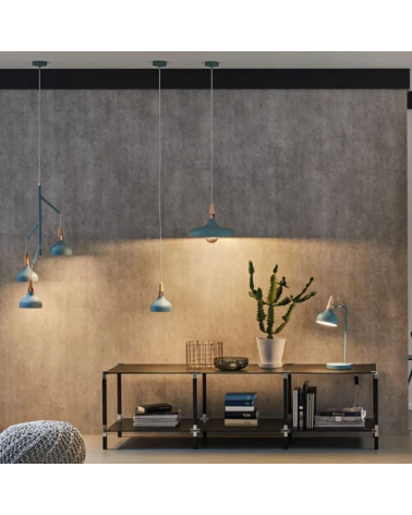 Lámpara de techo nórdica azul turquesa con detalle en madera y cobre 20W E14