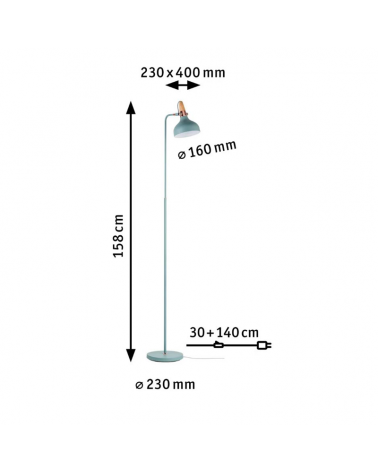 Lámpara de pie 158cm nórdica azul turquesa con detalle en madera y cobre 20W E14