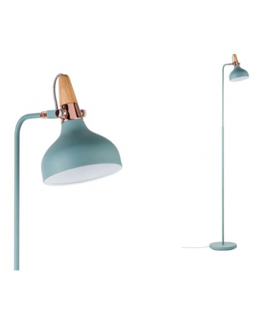 Lámpara de pie 158cm nórdica azul turquesa con detalle en madera y cobre 20W E14