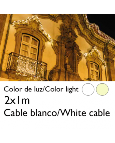Cortina de LEDs 2x1m cable blanco empalmable con 100 leds IP65 apta para exterior