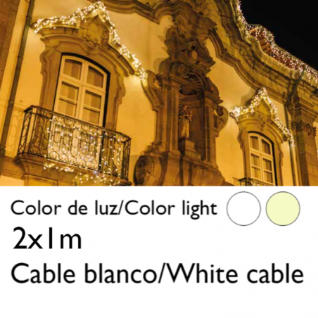 Cortina de LEDs 2x1m cable blanco empalmable con 100 leds IP65 apta para exterior