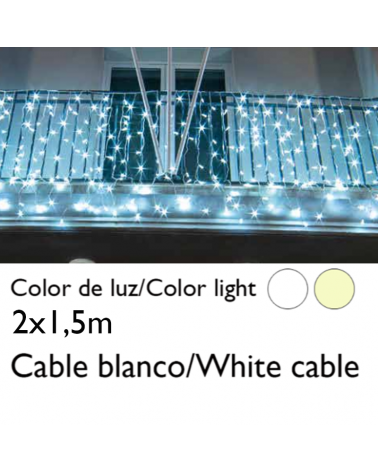 Cortina de LEDs 2x1,5m cable blanco empalmable con 150 leds IP65 apta para exterior