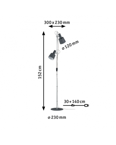 Lámpara de pie 152cm con dos focos fuste color cromo y pantallas gris oscuro 2x20W E14