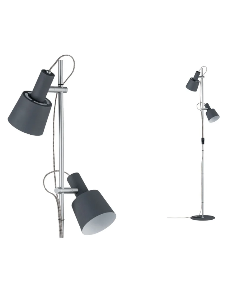 Lámpara de pie 152cm con dos focos fuste color cromo y pantallas gris oscuro 2x20W E14