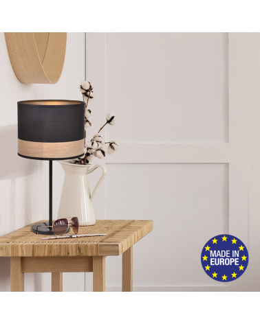 Lámpara de mesa de 36cm pantalla de algodón acabado negro decoración madera E14 40W