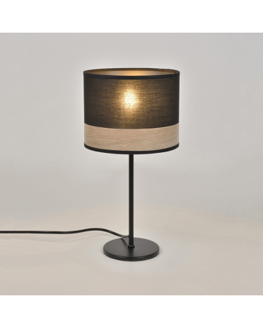 Lámpara de mesa de 36cm pantalla de algodón acabado negro decoración madera E14 40W