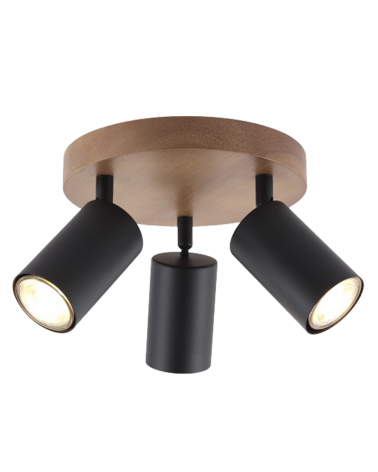 Ceiling lamp 3 spotlights 19cm in metal and wood black finish GU10 3x50W