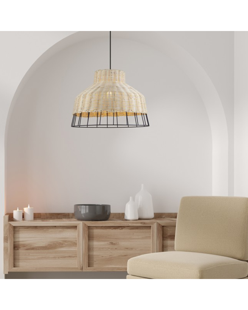 Lámpara de techo 40cm de metal y ratán acabado negro y natural E27 60W