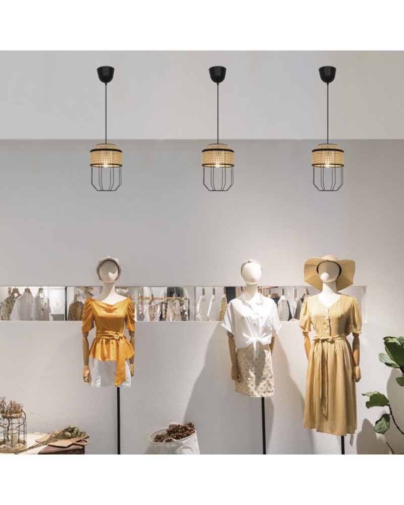 Lámpara de techo 20cm de metal y ratán acabado negro y natural E27 60W