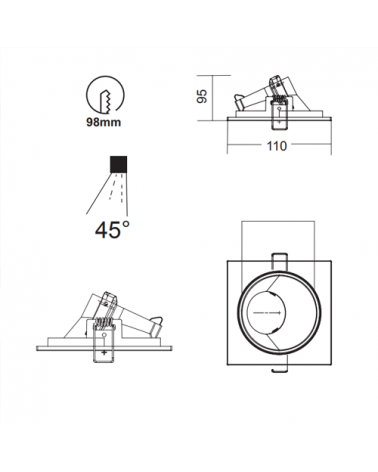 Aro cuadrado aluminio empotrable 11cm GU10 negro mate 45º