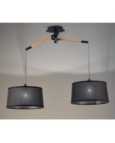 Ceiling lamp with 2 black fabric shades adjustable height of wood 2xE27