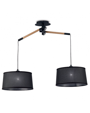 Ceiling lamp with 2 black fabric shades adjustable height of wood 2x20 W E27