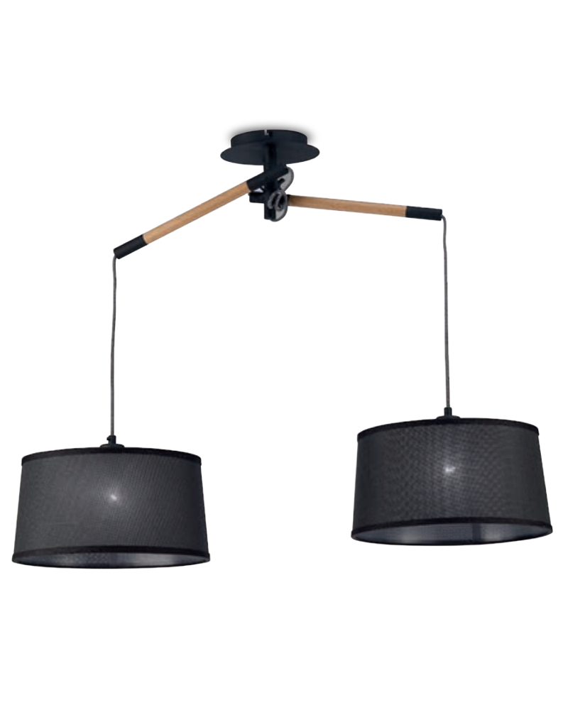 Lámpara de techo con 2 pantallas tela negra altura ajustable de madera 2xE27
