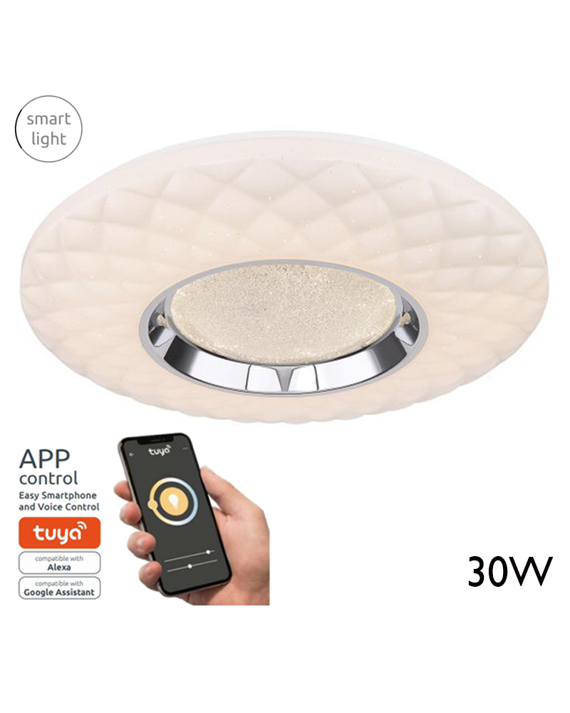 Plafón 49cm LED de acrílico, metal y cristales de vidrio 30W REGULABLE Compatible con Alexa